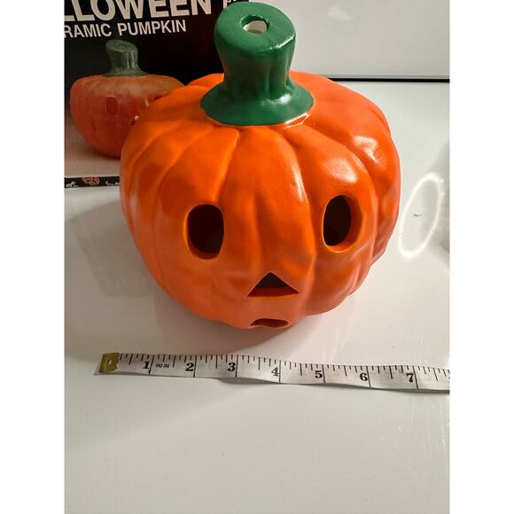 Vintage New Halloween Ceramic Pumpkin Jack O' Lantern smiley candle tealight - Picture 8 of 9